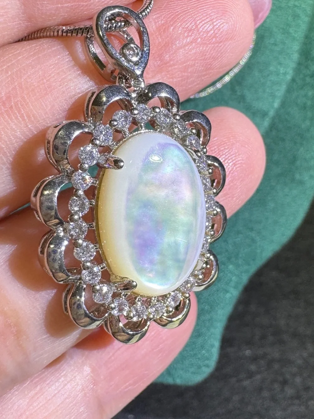 Vintage Mother of Pearl CZ Halo Pendant Necklace